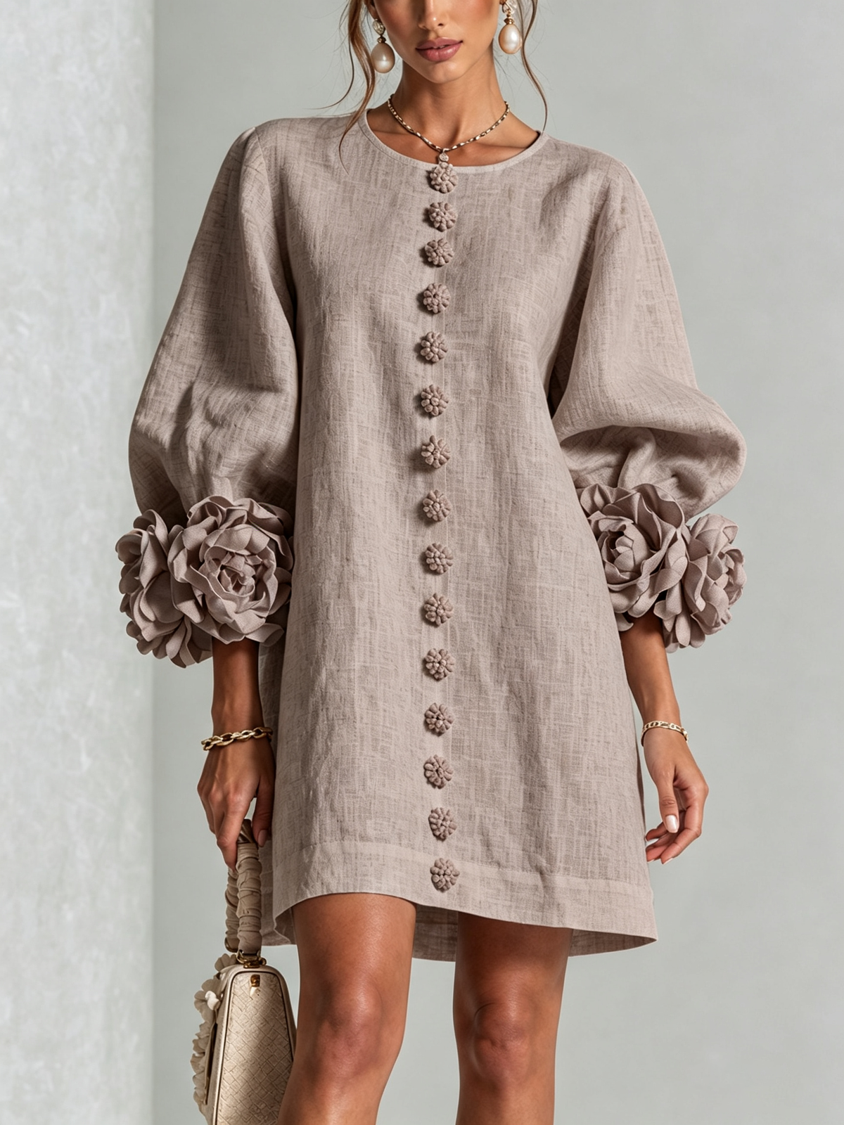 Women's round-neck mini dress with long sleeves, front buttons and oversized floral cuffs