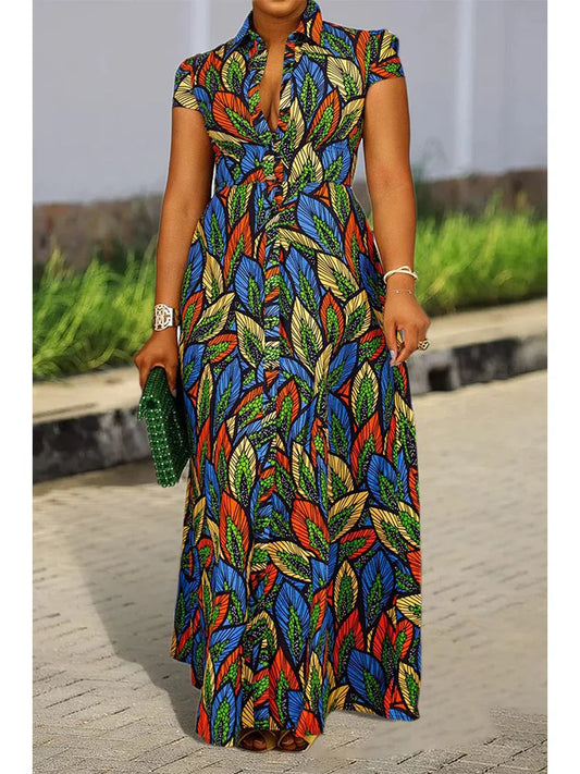 Women's full-length leaf print maxi dress with mandarin collar and short sleeves