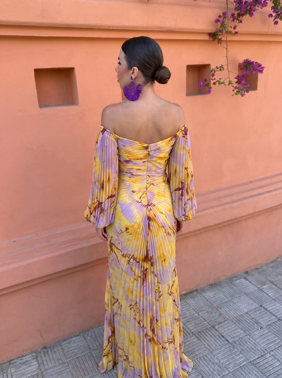 Women's yellow floral maxi dress with off-shoulder neckline and long sleeves