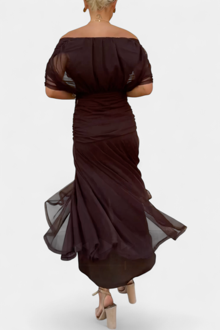 Women's floral off-shoulder maxi dress with ruched waist and flowing skirt