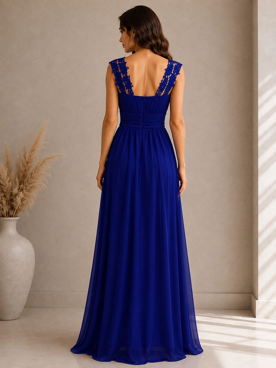 Women's floor-length evening dress with lace round neckline and cap sleeves