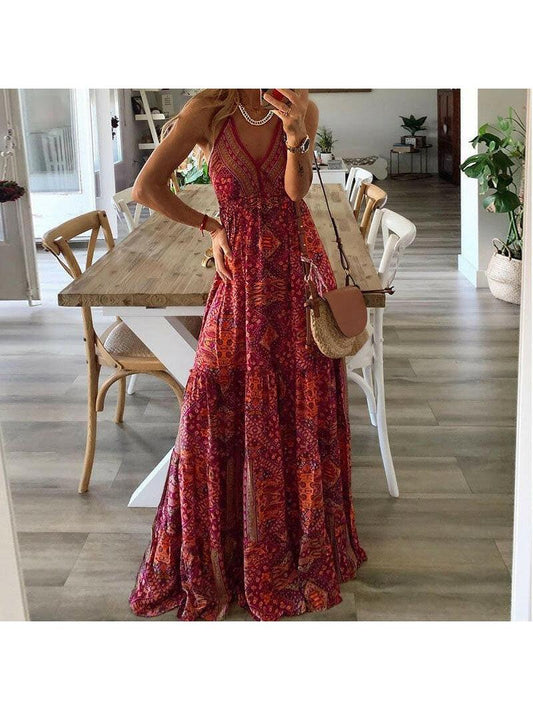 Women's sleeveless geometric maxi dress with V-neck and flared skirt