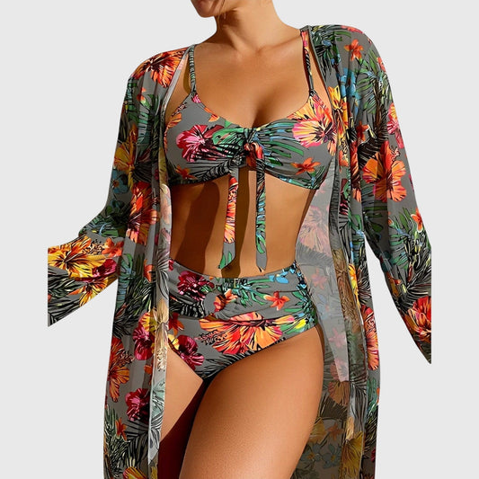 Women's floral bikini set with tie-front top, high-waisted briefs and long-sleeve cover-up