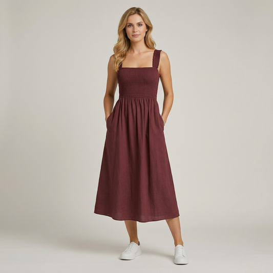 Women's sleeveless square-neck maxi dress with smocked bodice and gathered skirt