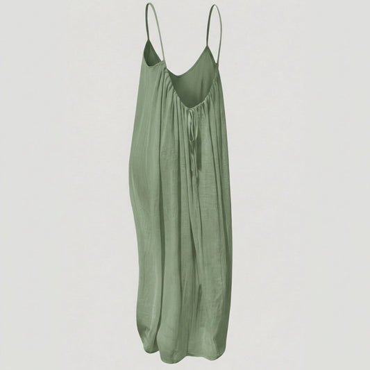 Women's flowing backless maxi dress with V-neckline and spaghetti straps