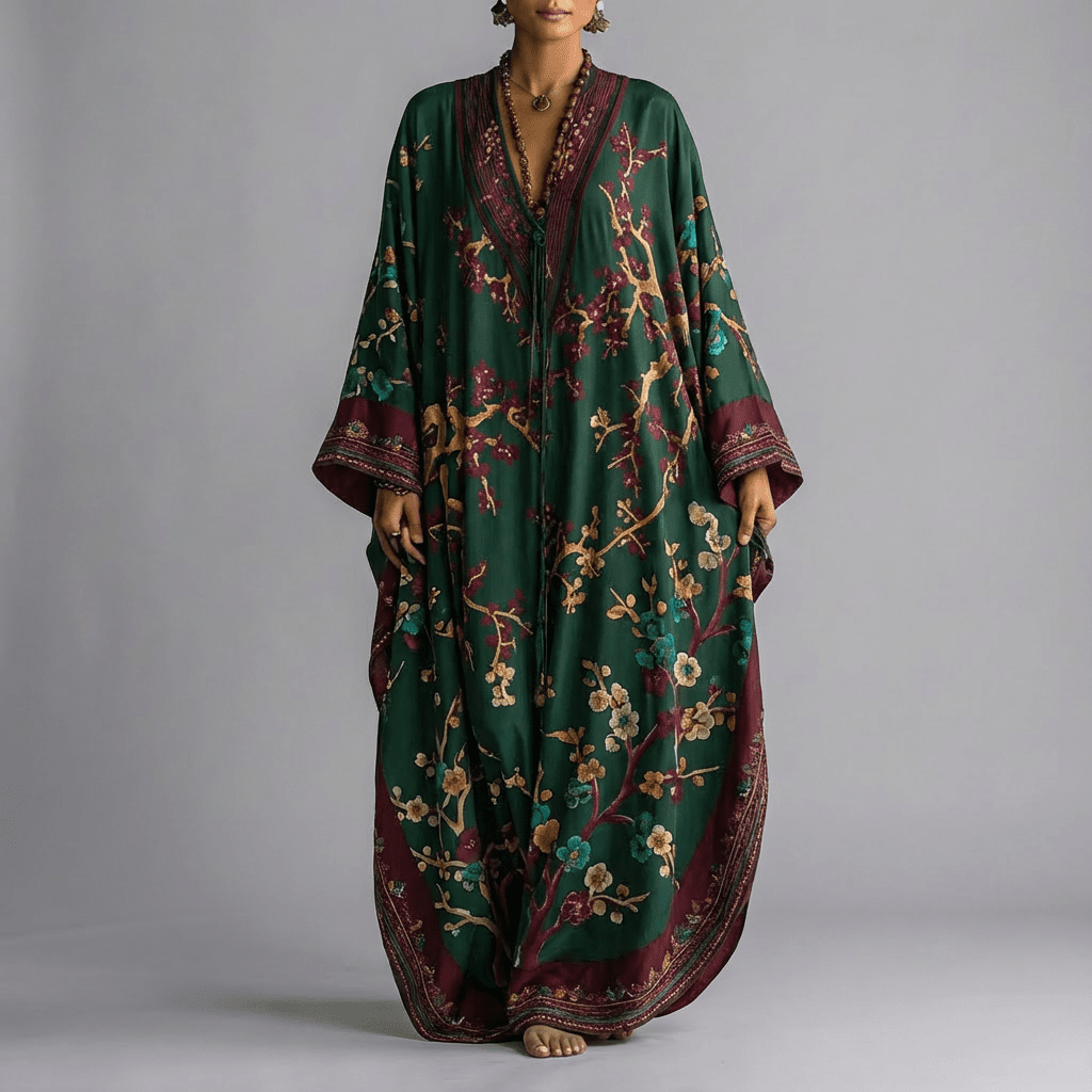 Floral batwing maxi dress with V-neckline, long sleeves and contrasting patterned trim