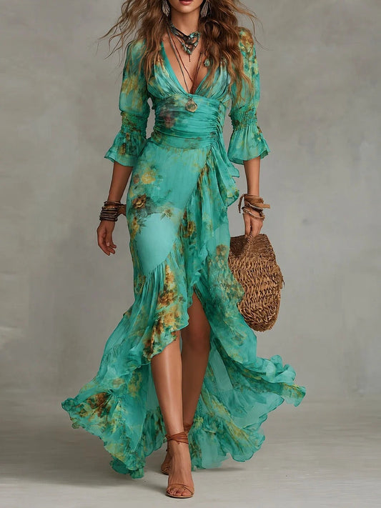 Women's floral V-neck asymmetric maxi dress with ruched waist and three-quarter sleeves