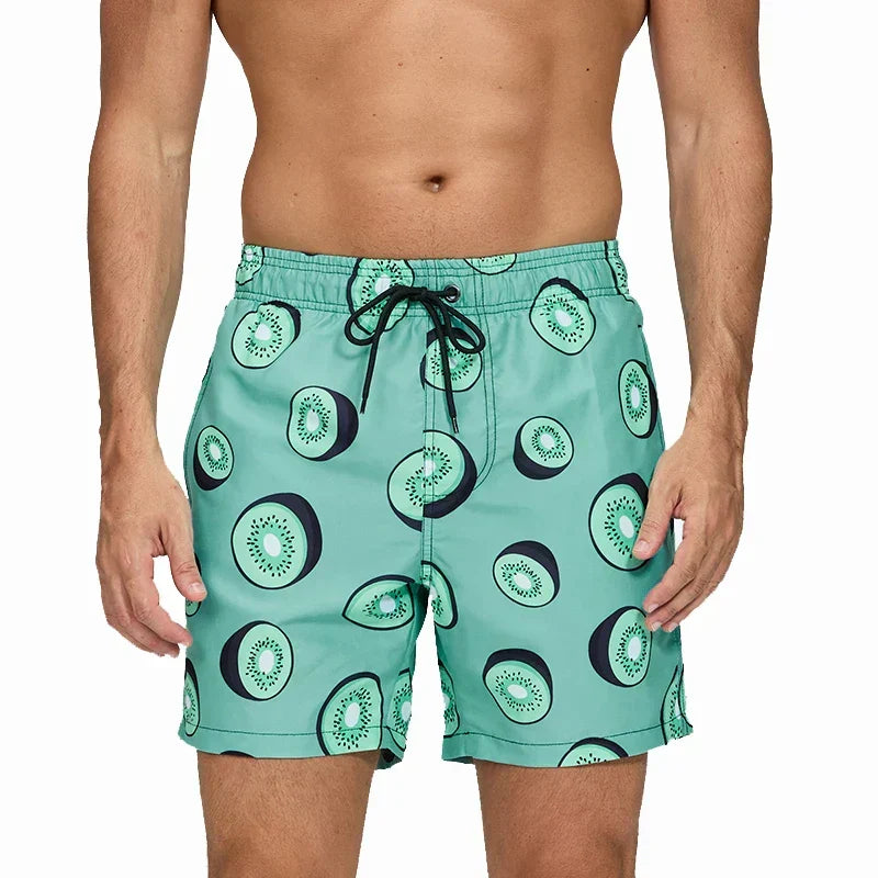 Men's printed swim shorts with elastic drawstring waist and side pockets