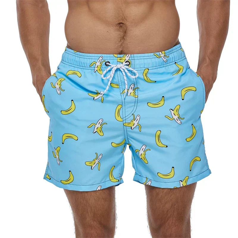Men's printed swim shorts with elastic drawstring waist and side pockets