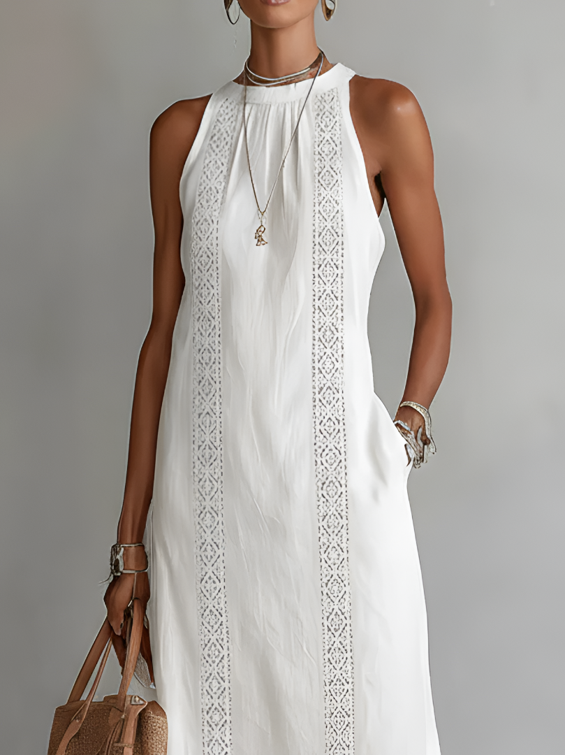 Women's sleeveless midi dress with Mandarin collar and vertical decorative trim panels