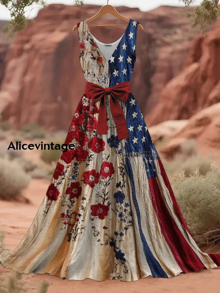 Women's multicoloured floral and star print sleeveless maxi dress with V-neck and waist bow