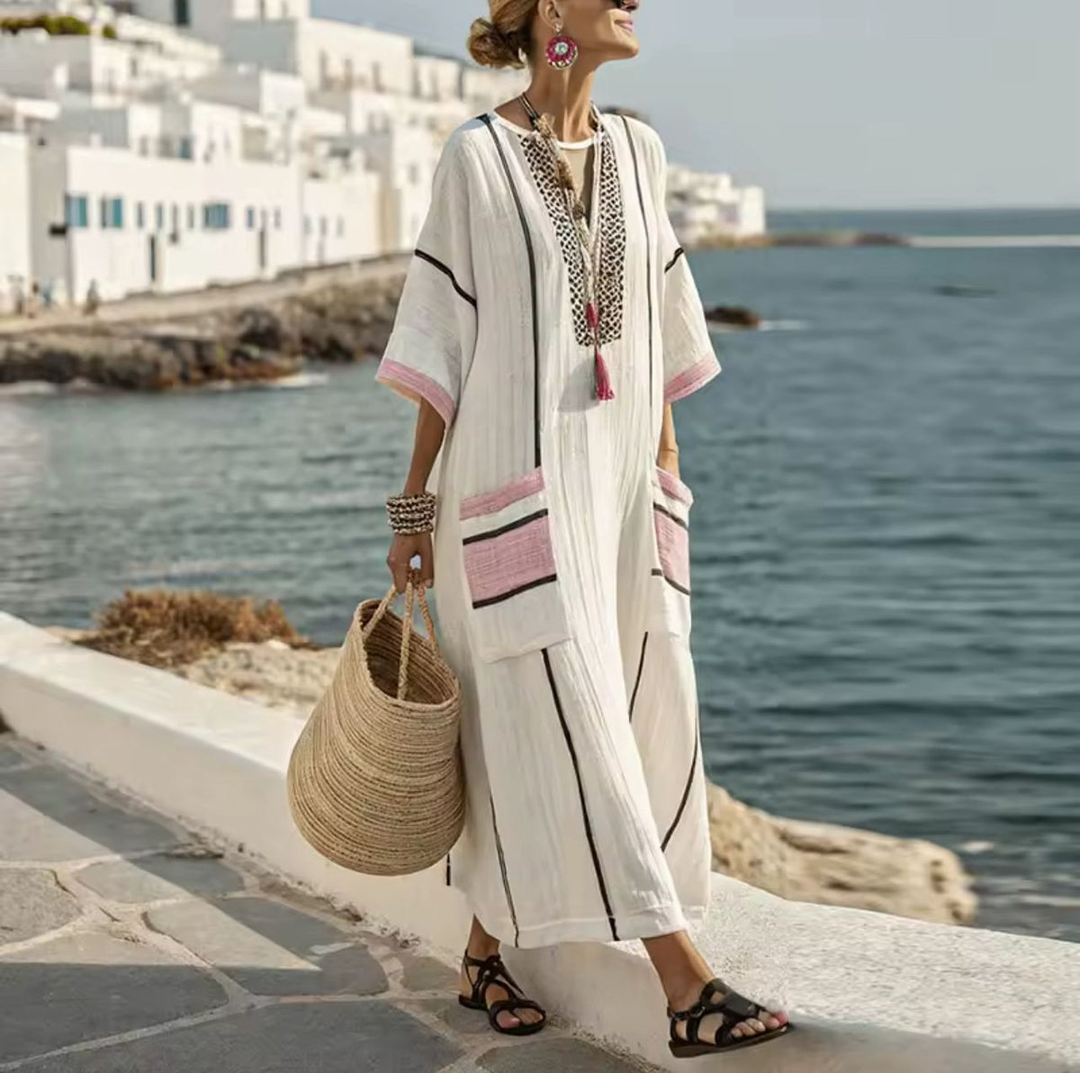 Women's striped relaxed midi dress with contrast trim and patch pockets
