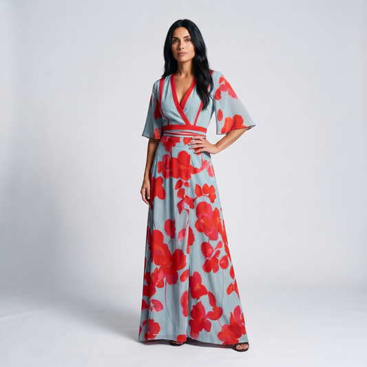 Women's blue and red floral wrap maxi dress with V-neckline and three-quarter sleeves