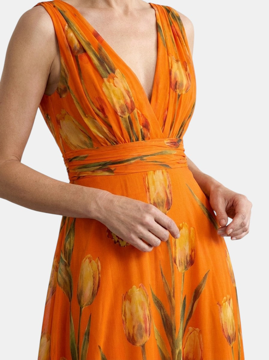 Women's sleeveless floral wrap maxi dress with V-neck and flowing skirt