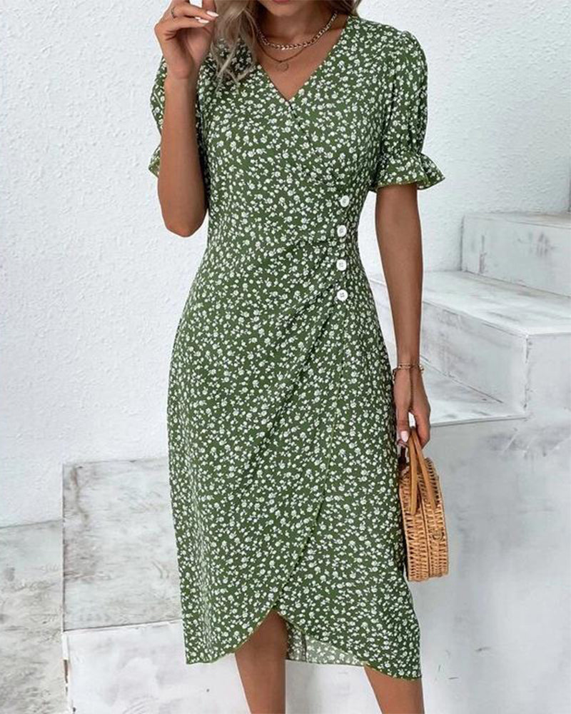 Women's floral wrap midi dress with V-neckline and short ruffle sleeves