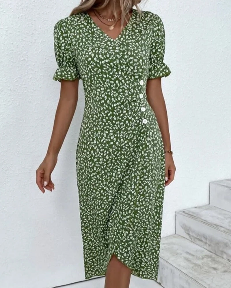 Women's floral wrap midi dress with V-neckline and short ruffle sleeves