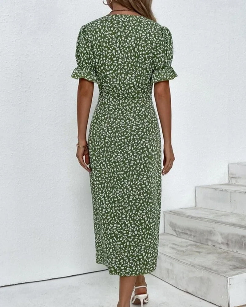 Women's floral wrap midi dress with V-neckline and short ruffle sleeves