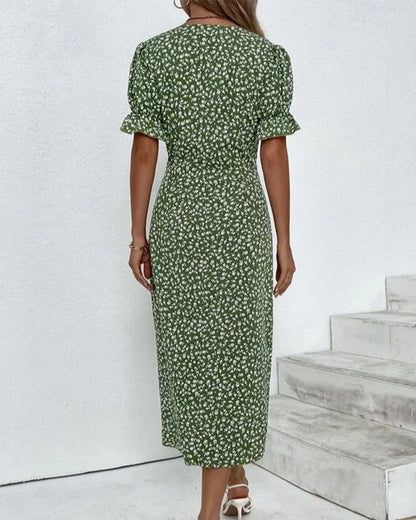 Women's floral wrap midi dress with V-neckline and short ruffle sleeves