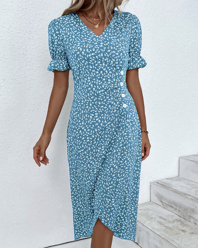 Women's floral wrap midi dress with V-neckline and short ruffle sleeves