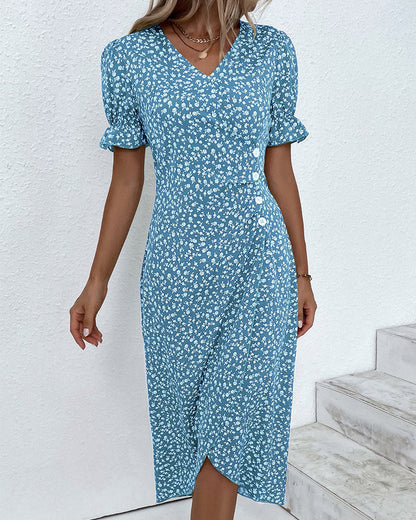 Women's floral wrap midi dress with V-neckline and short ruffle sleeves