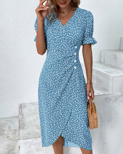 Women's floral wrap midi dress with V-neckline and short ruffle sleeves