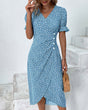 Women's floral wrap midi dress with V-neckline and short ruffle sleeves