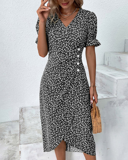Women's floral wrap midi dress with V-neckline and short ruffle sleeves