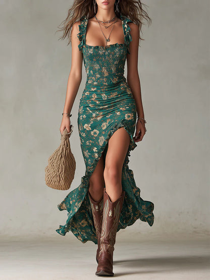 Women's green floral ruched maxi dress with square neckline and ruffle straps