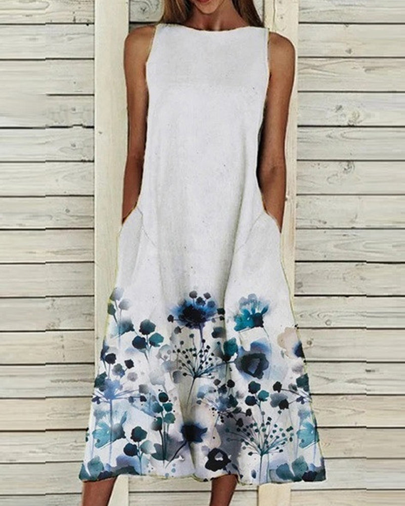 Women's sleeveless floral midi dress with round neck and side pockets