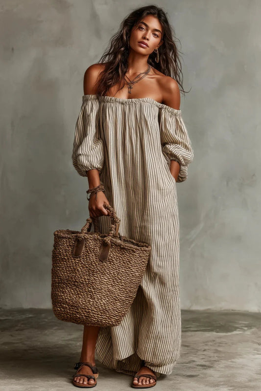 Women's beige striped off-shoulder maxi dress with three-quarter sleeves