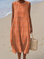 Women's sleeveless floral midi dress with round neckline and side pockets