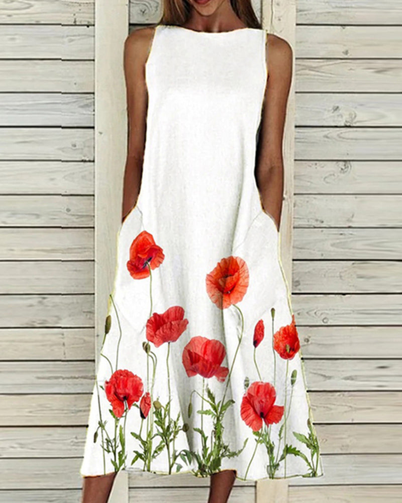 Women's sleeveless floral midi dress with round neck and side pockets