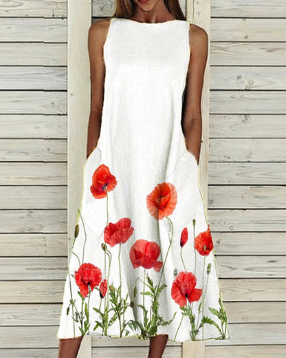 Women's sleeveless floral midi dress with round neck and side pockets