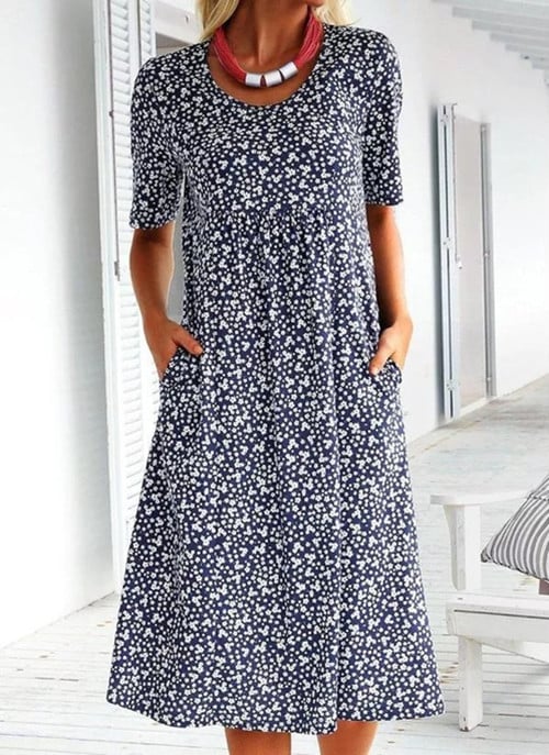 Women's floral midi dress with short sleeves, round neckline and side pockets