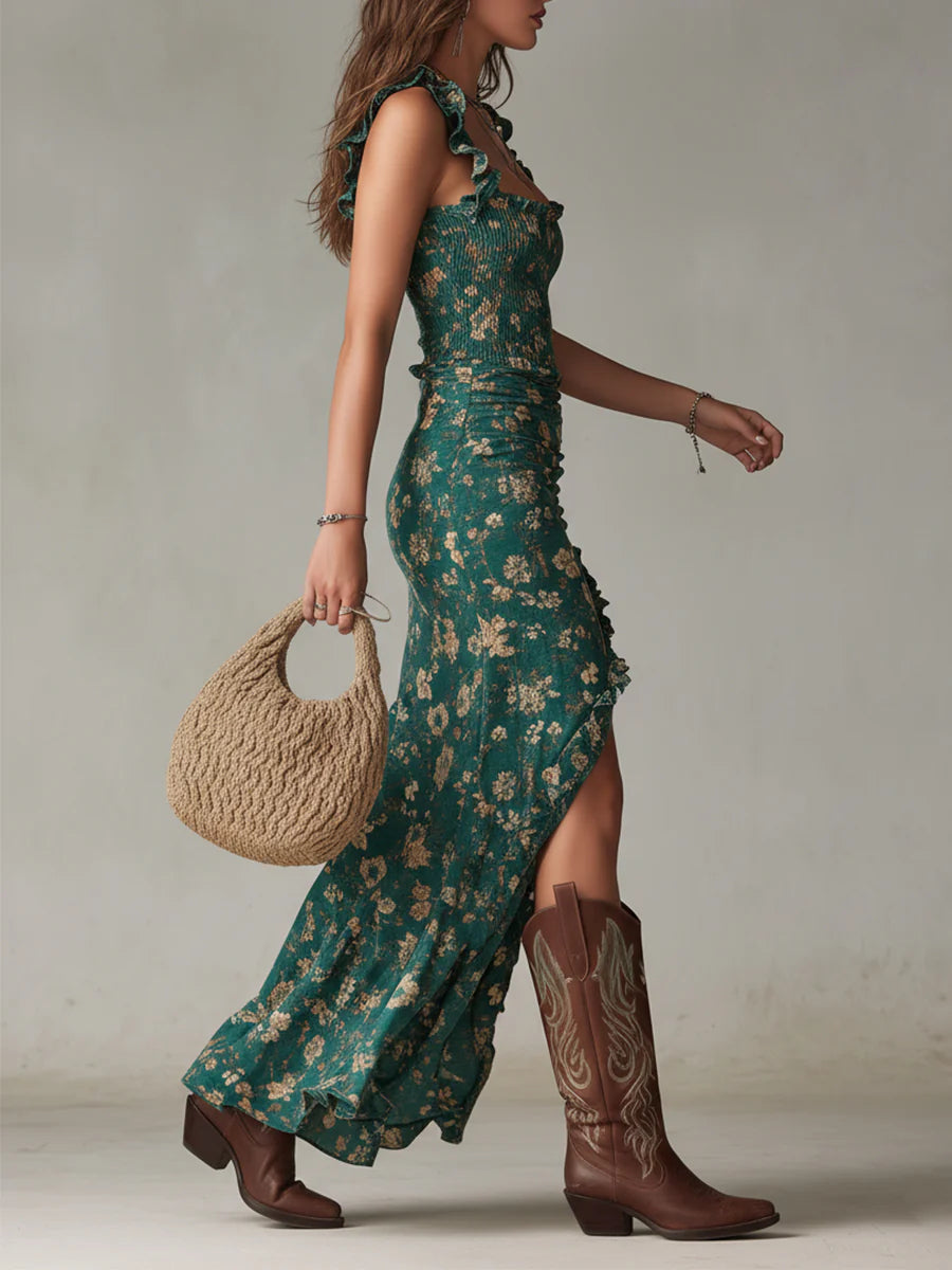 Women's green floral ruched maxi dress with square neckline and ruffle straps