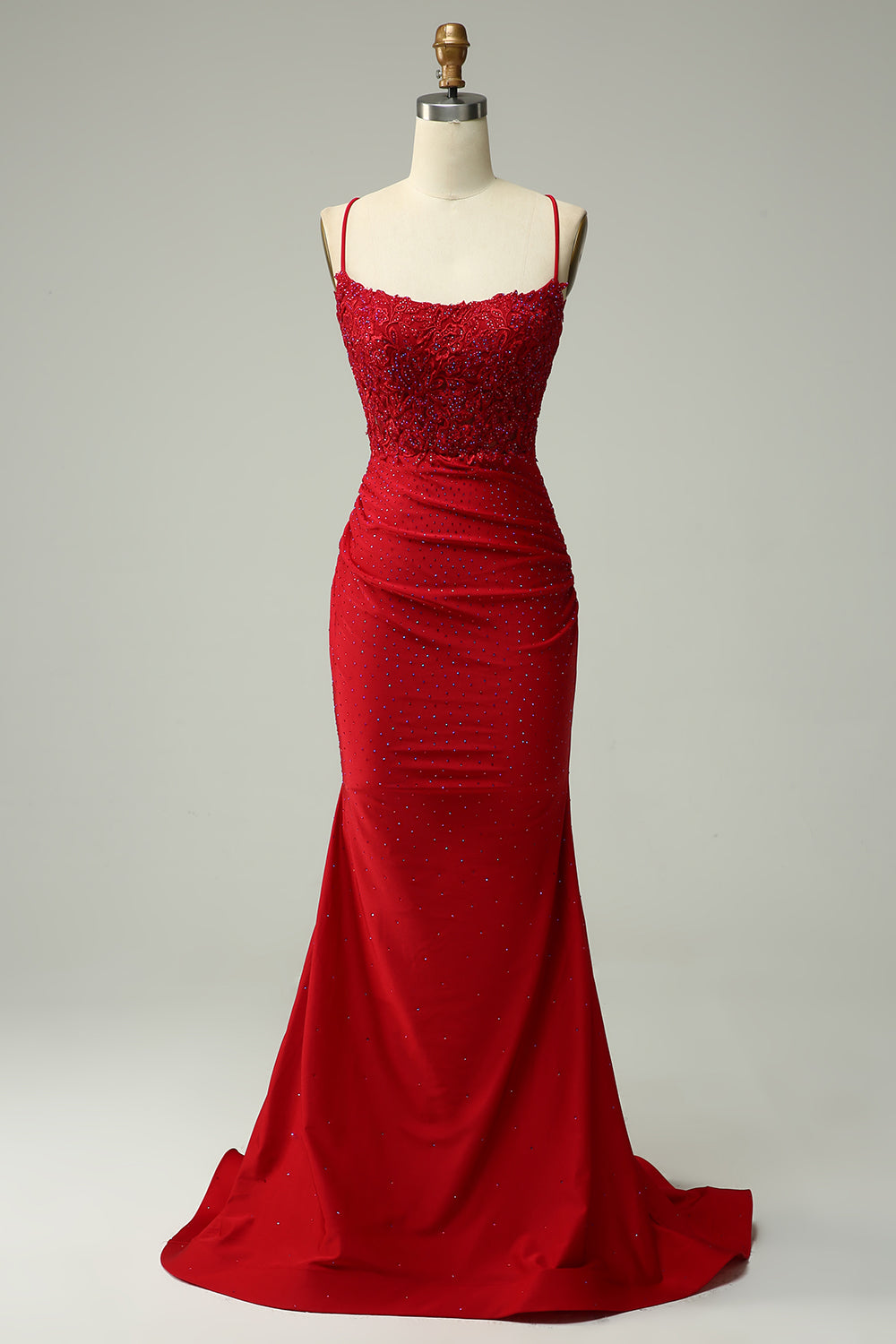 Beaded mermaid maxi dress with lace bodice and spaghetti straps