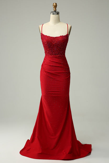 Beaded mermaid maxi dress with lace bodice and spaghetti straps