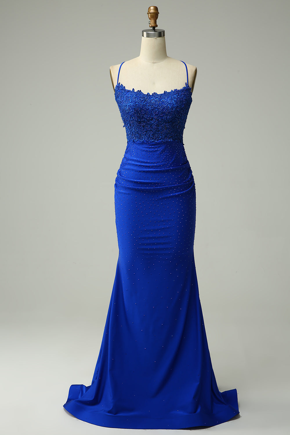 Beaded mermaid maxi dress with lace bodice and spaghetti straps