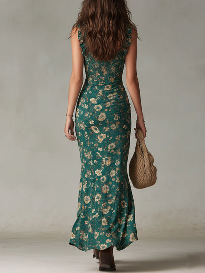 Women's green floral ruched maxi dress with square neckline and ruffle straps