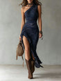 Women's floral one-shoulder maxi dress with high slit and ruffle trim