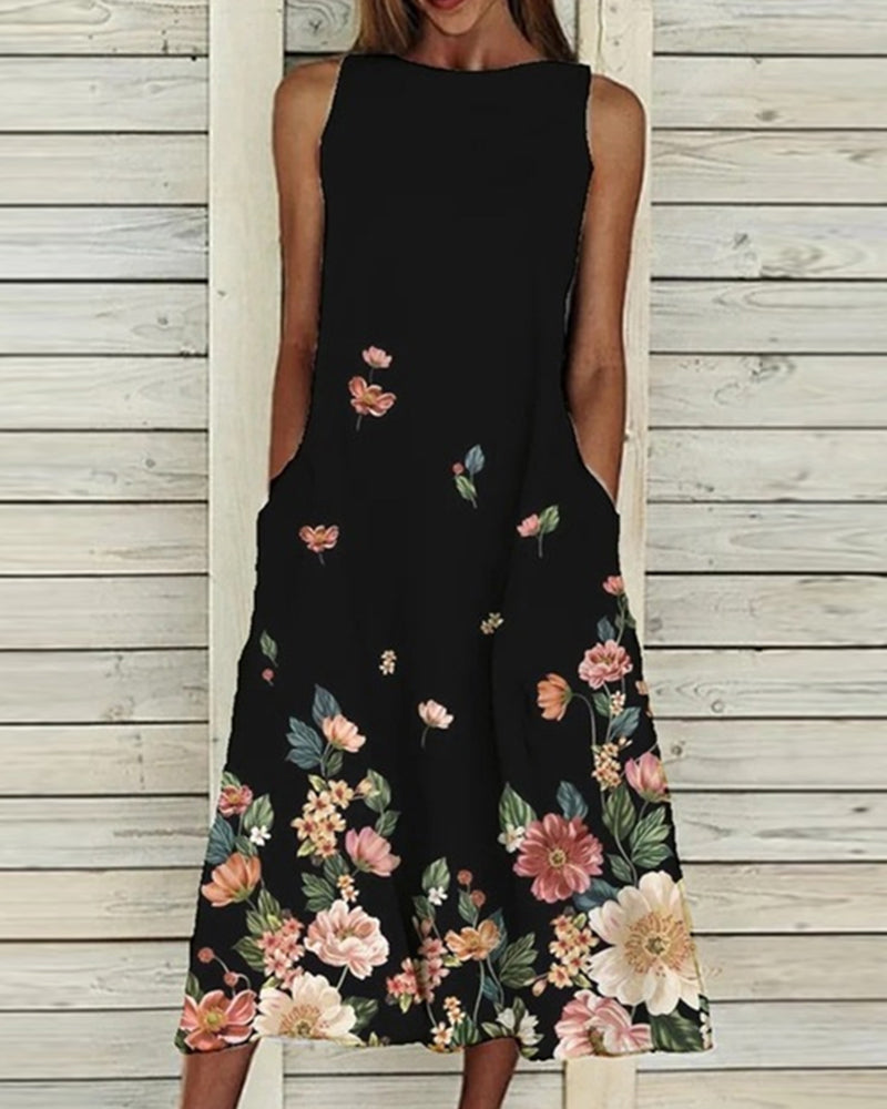 Women's sleeveless floral midi dress with round neck and side pockets