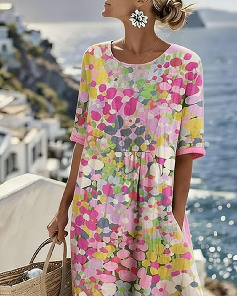 Women's colourful abstract print midi dress with round neckline and 3/4 sleeves