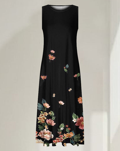 Women's sleeveless floral midi dress with round neck and side pockets