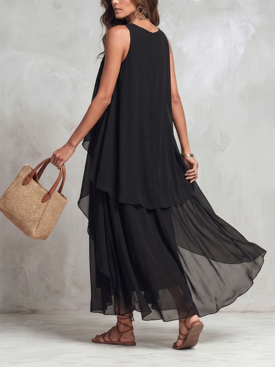 Women's black sleeveless layered maxi dress with round neck and flowing ruffle layers