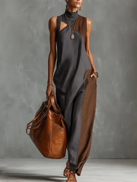 Women's sleeveless colour block maxi dress with mock neck, asymmetric hem and side pocket