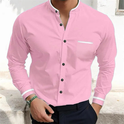 Men's long-sleeve grandad collar shirt with contrast-trim chest pocket