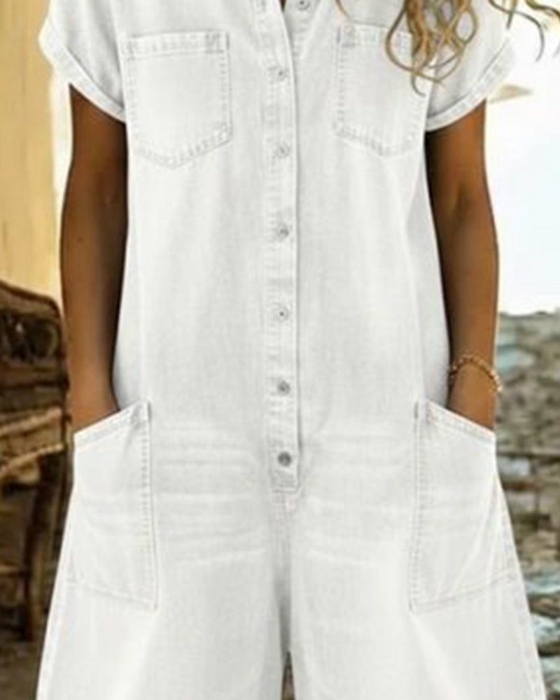 Women's short sleeve button front playsuit with shirt collar, patch pockets and cuffed shorts
