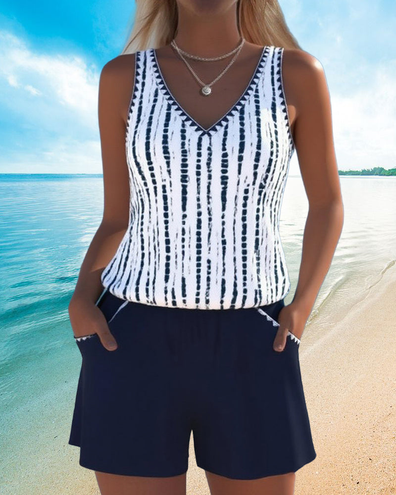 Women's striped V-neck two-piece swimsuit with sleeveless top and shorts