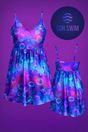 Women's colourful bubble print sleeveless swim dress with gathered waist and flared midi skirt
