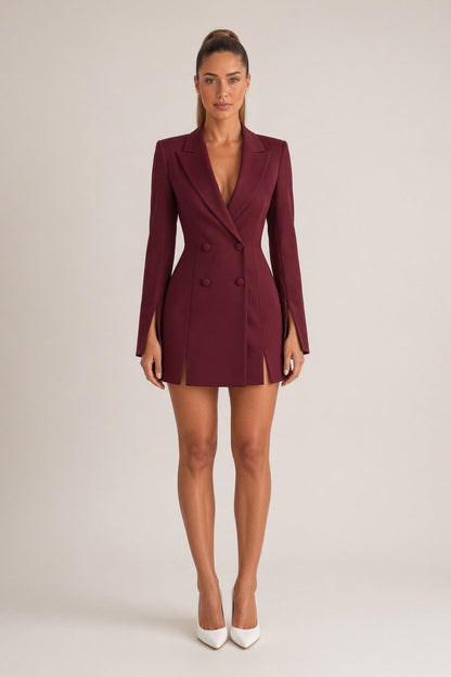 Women's fitted double-breasted blazer mini dress with long sleeves and notched lapels